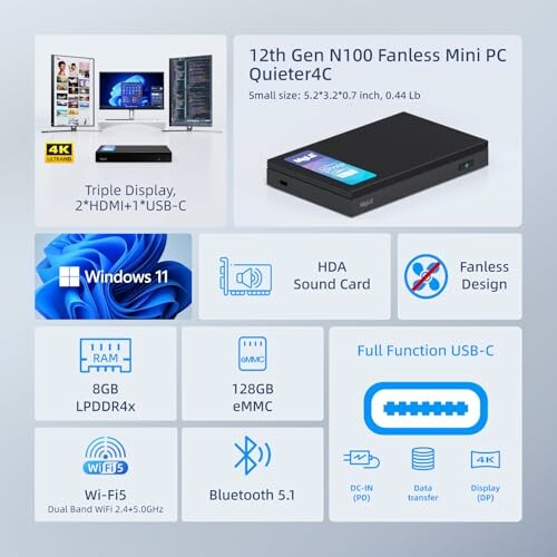 12th Gen N100 Fanless Mini PC features, including triple display, Windows 11, 8GB RAM, 128GB storage, Wi-Fi 5, and Bluetooth 5.1.