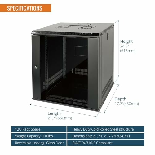 Specifications of a 12U server rack with dimensions and features.