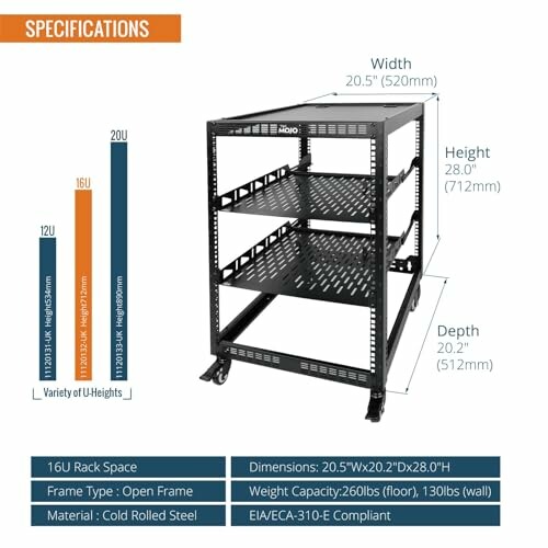 16U open frame server rack specifications and dimensions