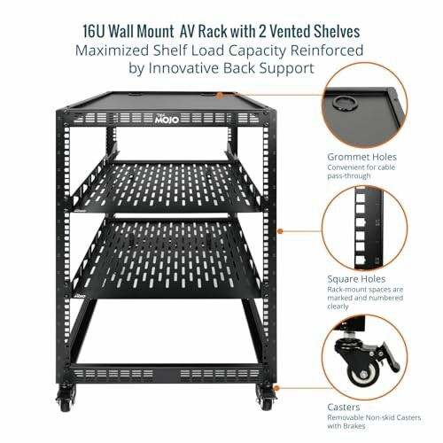 16U wall mount AV rack with two vented shelves and features grommet holes