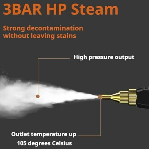 Steam cleaner with high pressure and 105 degrees Celsius output.