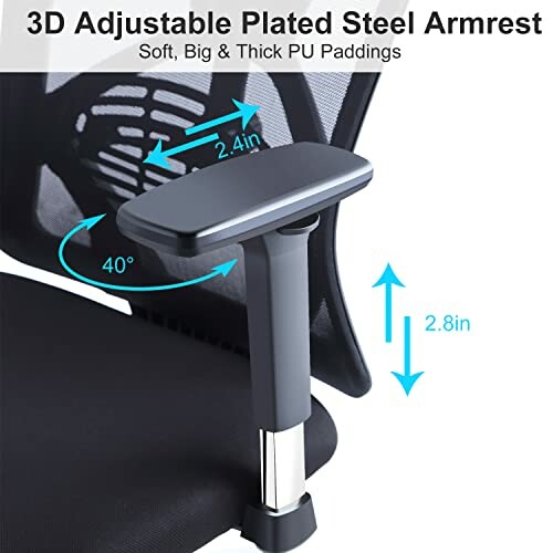 3D adjustable plated steel armrest with measurements and angle adjustment.