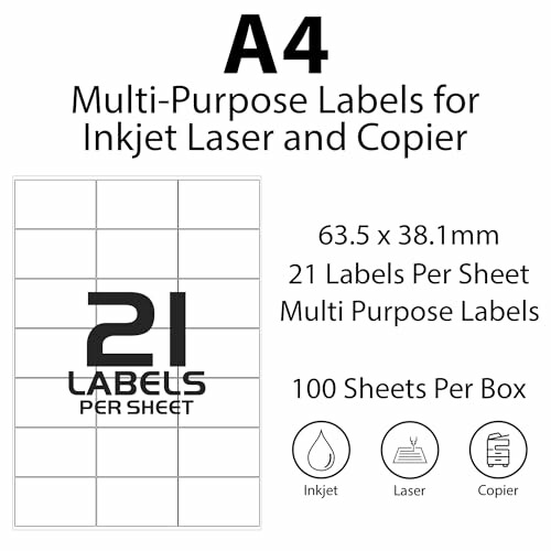 A4 multi-purpose labels for inkjet, laser, and copier with 21 labels per sheet.