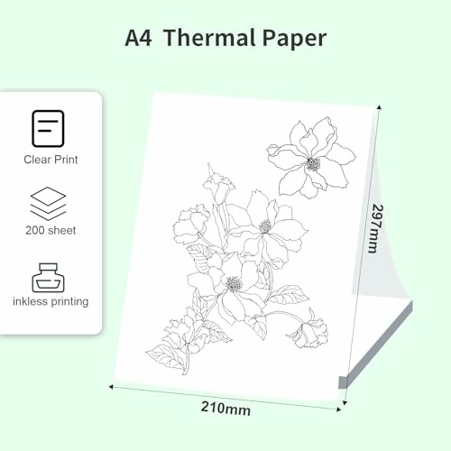 A4 thermal paper with floral design and print details.