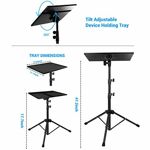 Adjustable device holding tray with dimensions and tilt feature.