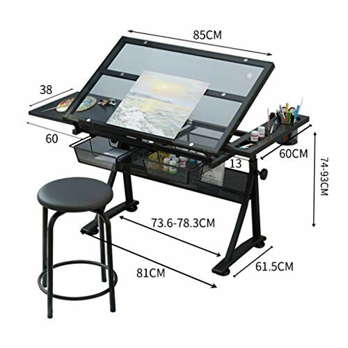 Adjustable drafting table set with stool and storage.