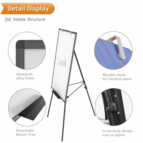 Detail display of an adjustable easel with stable structure, aluminum alloy frame, movable hook, detachable marker tray, and screw knob.