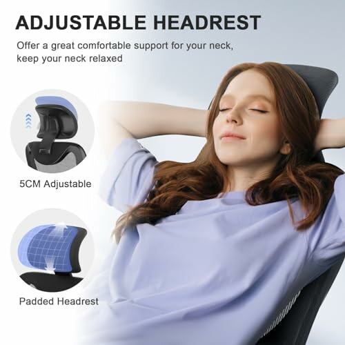 Woman relaxing in chair with adjustable headrest.