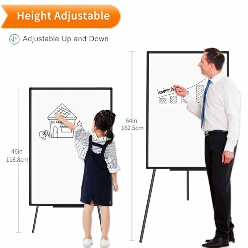 Adult and child using an adjustable height whiteboard.