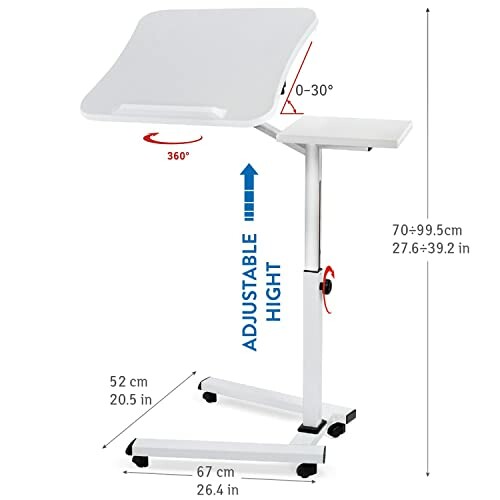 Adjustable laptop stand with height and angle measurements.