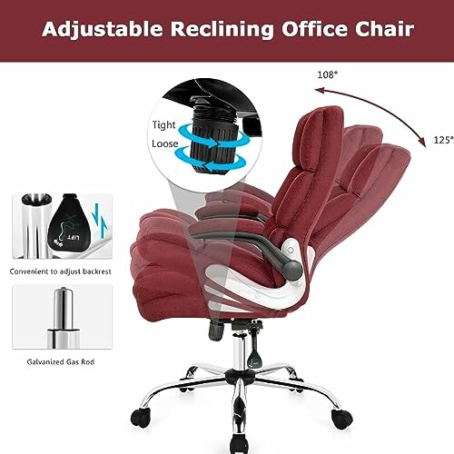 Adjustable reclining office chair with ergonomic features and gas rod.