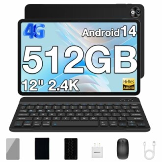 Android 14 tablet with 512GB storage, keyboard, and accessories.