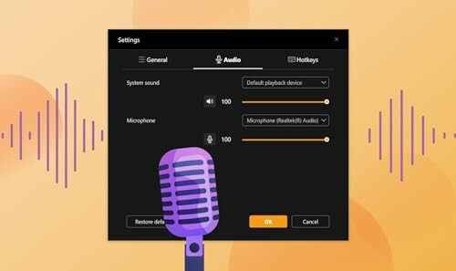 Audio settings interface with microphone and system sound options.