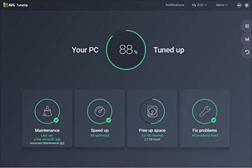 AVG TuneUp software dashboard showing PC optimization status.