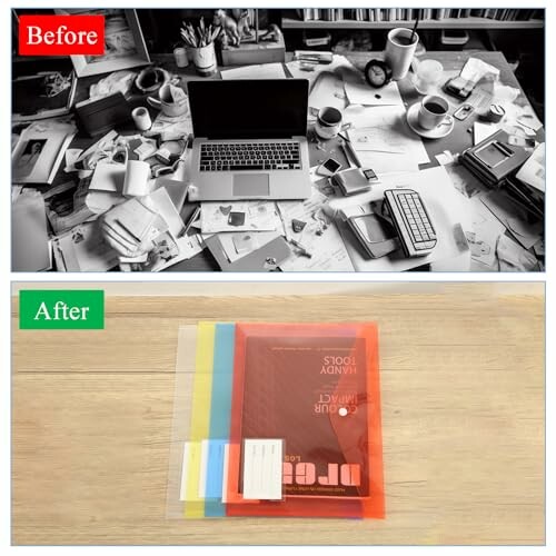 Before and after desk organization with cluttered and tidy setup.