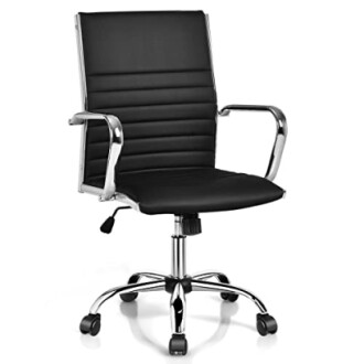 Black leather office chair with armrests and wheels.