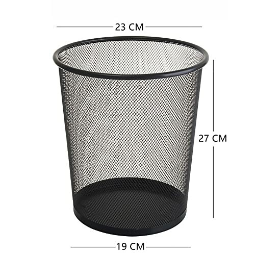 Black mesh trash can with dimensions labeled