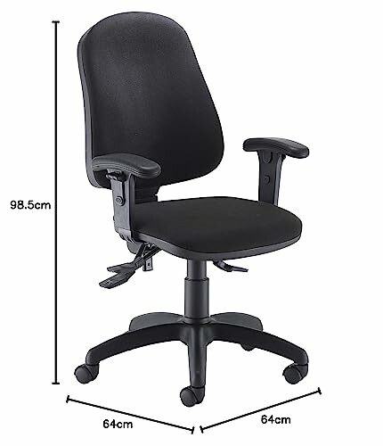 Black office chair with dimensions displayed.