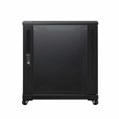 Black server rack cabinet with glass door and wheels