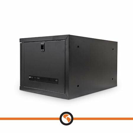 Black server rack cabinet with a closed door