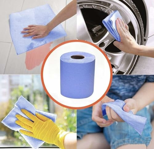 Various uses of a blue cleaning towel on surfaces and hands