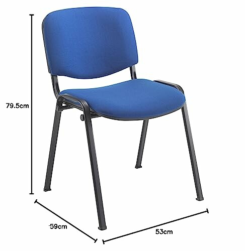 Blue office chair with dimensions labeled.