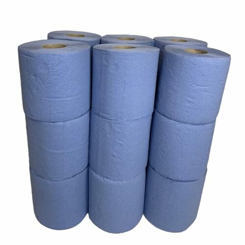 A stack of blue paper towel rolls.