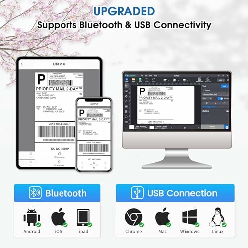 Devices showing Bluetooth and USB connectivity features with software interface.