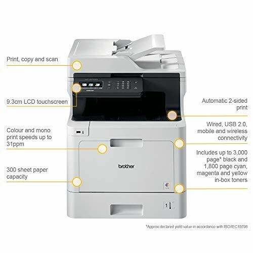 Brother laser printer with features highlighted, including print, copy, scan functions, 9.3cm touchscreen, 300 sheet paper capacity, automatic 2-sided print, wired and wireless connectivity, and in-box toners.