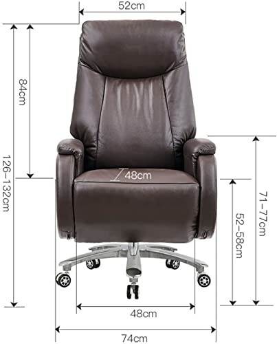 Brown leather office chair with dimensions labeled.