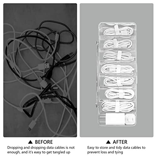 Comparison of tangled cables versus neatly organized cables in a box.