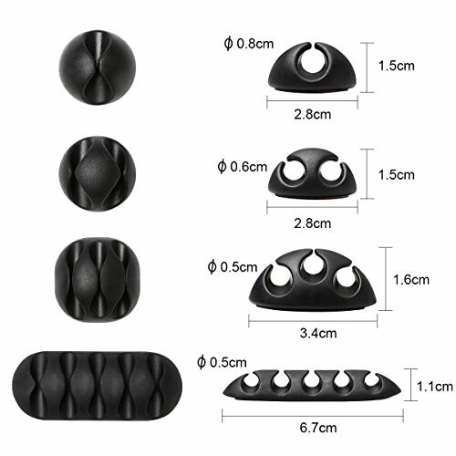 Various black cable organizer clips with dimensions