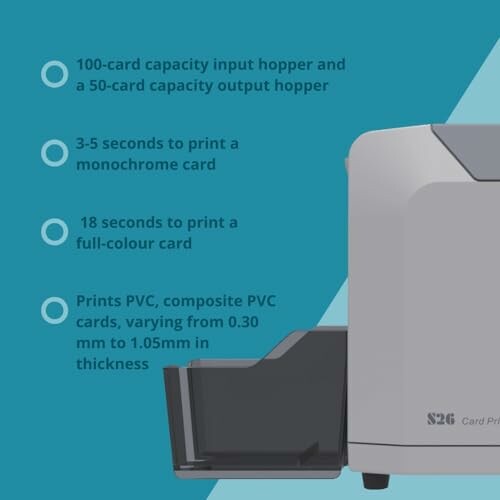 Card printer with specifications on printing speed and capacity.