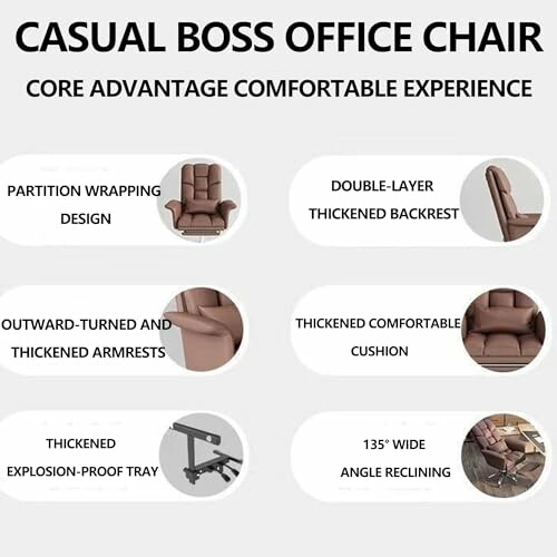 Casual boss office chair features including thickened backrest, armrests, cushion, explosion-proof tray, and reclining angle.