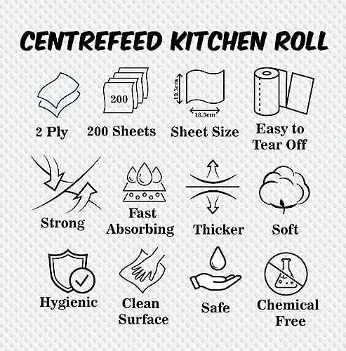 Features of centrefeed kitchen roll including 2 ply, 200 sheets, 18.5 cm sheet size, easy to tear, strong, fast absorbing, thicker, soft, hygienic, clean surface, safe, chemical free.