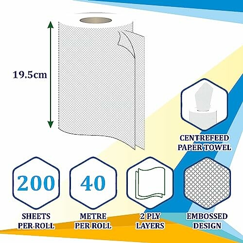 Centrefeed paper towel with dimensions and features.