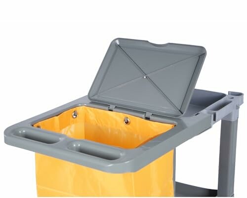 Open cleaning cart with yellow trash bag