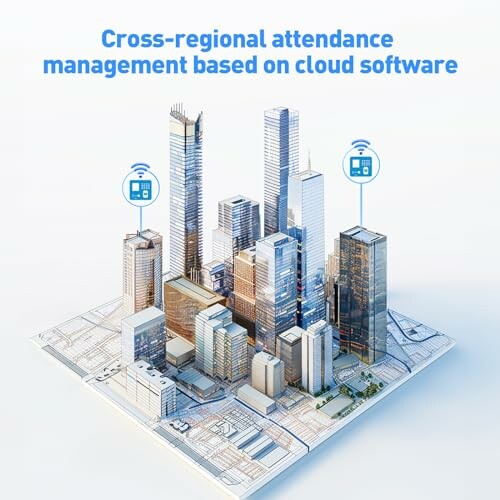 Cross-regional attendance management concept with city buildings and cloud icons.