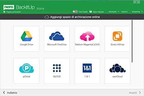Nero BackItUp cloud storage options interface with various service icons.