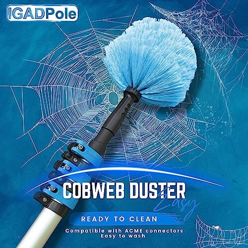 Cobweb duster with blue bristles and telescopic pole for cleaning.