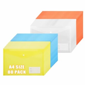 Pack of colorful A4 size envelopes in yellow, blue, and orange.