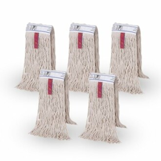 Five commercial mop heads in a row