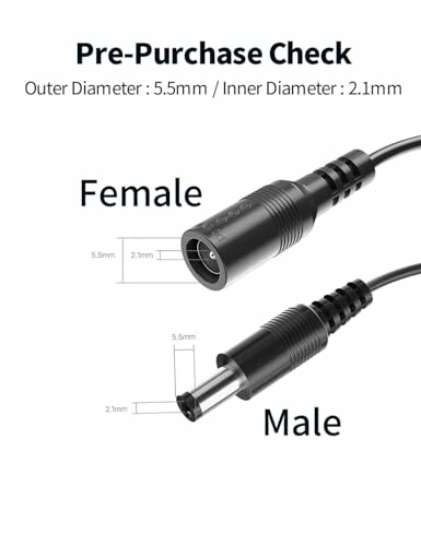 Diagram showing female and male DC power connectors with measurements.