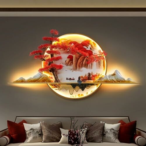 Illuminated wall art depicting a mountain landscape with red trees and a serene scene.