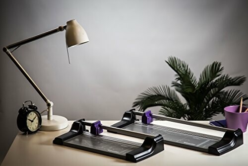 Desk with lamp, paper cutters, and potted plant.