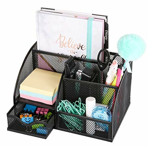 Mesh desk organizer with office supplies like sticky notes, paper clips, and pens.