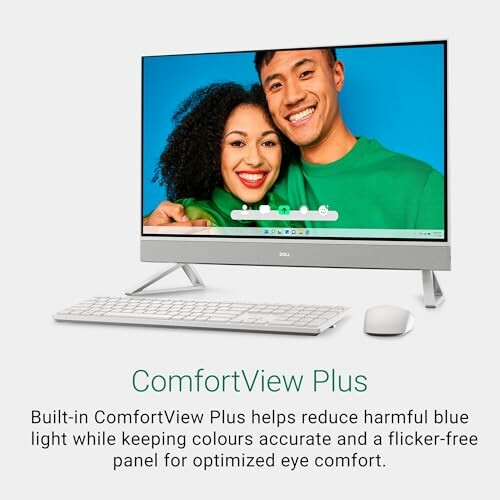 Smiling couple displayed on computer screen with ComfortView Plus feature.