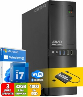 Desktop computer with Windows 11, Intel i7, 32GB RAM, 1000GB SSD, WiFi, Bluetooth, DVD drive, and card reader.