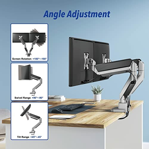 Dual monitor arm with angle adjustment features for screen rotation, swivel, and tilt.