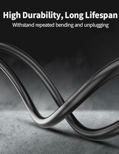 Graphic showing a durable cable with text 'High Durability, Long Lifespan' and 'Withstand repeated bending and unplugging'.